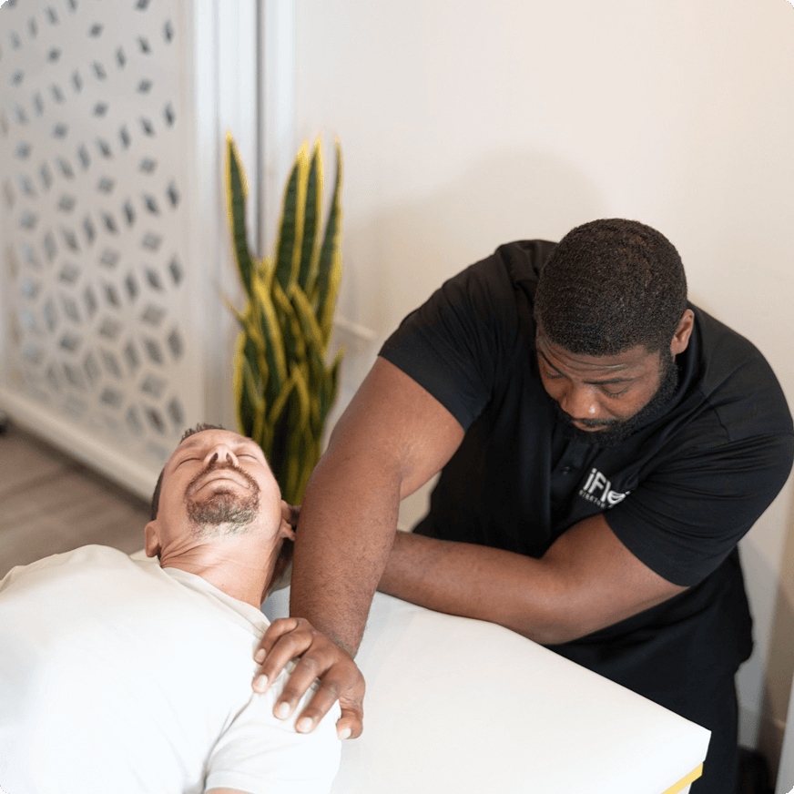 Man stretching client